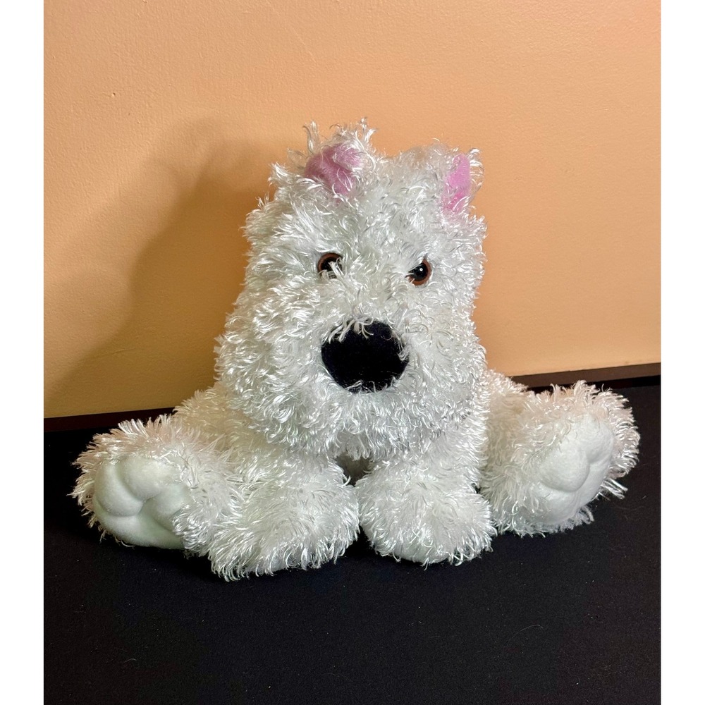 White Westie Highland Terrier Plush Dog Curly Hair Pink Collar 10 Inch KellyToy